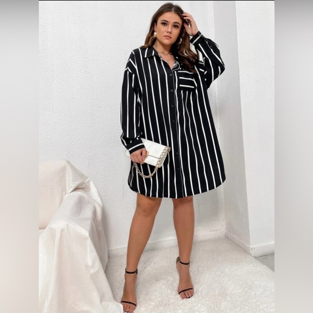 SHEIN Curve Black and White Striped Long Sleeve Button Down T-Shirt Dress - Picture 1 of 12